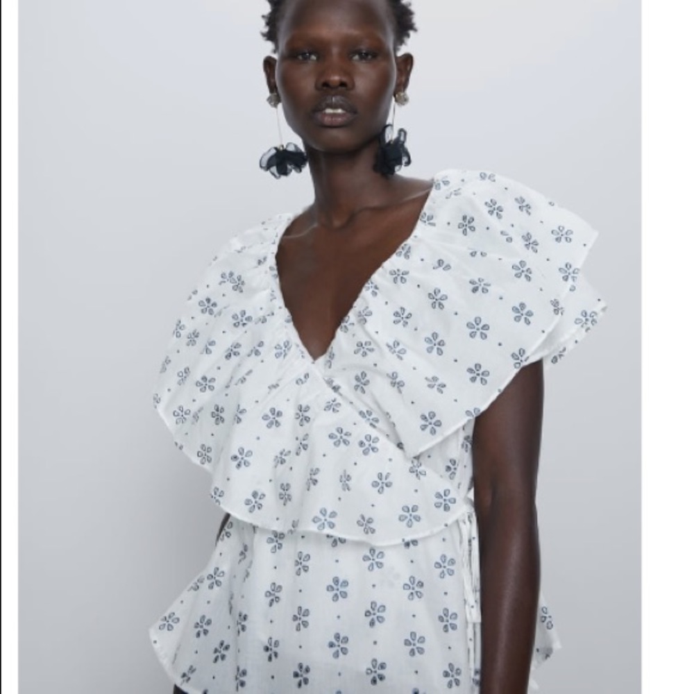 Zara white eyelet wraparound oversized collar blue top